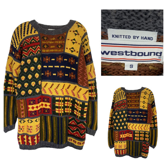 Vintage Westbound Tunic Sweater Sz S Handknitted Mixed Knit Patchwork Longline - Picture 1 of 6